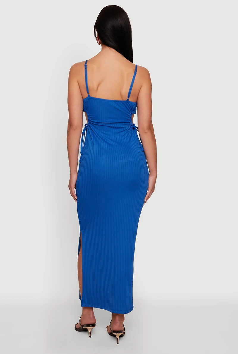 Ribbed Knit Drawstring Keyhole Detail Side Slit Maxi Dress