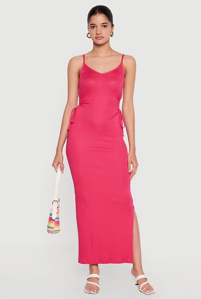 Ribbed Knit Drawstring Keyhole Detail Side Slit Maxi Dress
