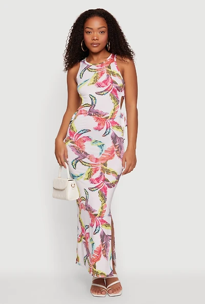 Leaf Print Drawstring Keyhole Detail Side Slit Maxi Dress