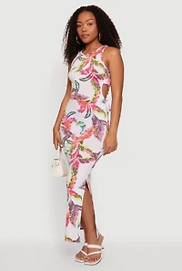 Leaf Print Drawstring Keyhole Detail Side Slit Maxi Dress