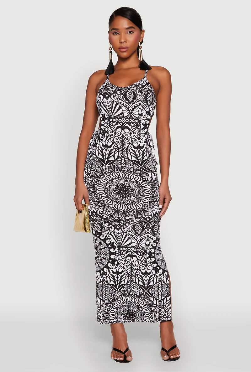 Womens Printed Drawstring Keyhole Side Maxi Dress, Multi, Size M