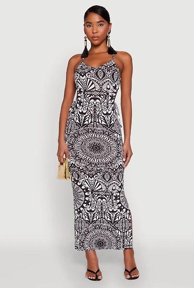 Womens Printed Drawstring Keyhole Side Maxi Dress, Multi, Size M
