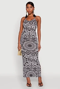 Womens Printed Drawstring Keyhole Side Maxi Dress, Multi, Size M
