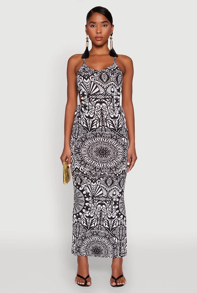 Womens Printed Drawstring Keyhole Side Maxi Dress, Multi, Size S