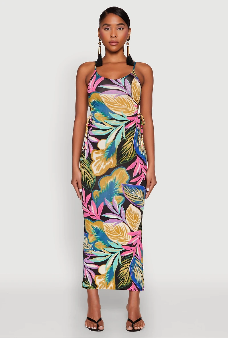 Leaf Print Drawstring Side Cut Out Maxi Dress