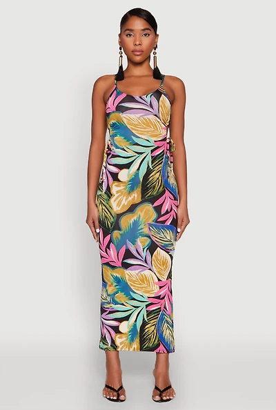 Leaf Print Drawstring Side Cut Out Maxi Dress