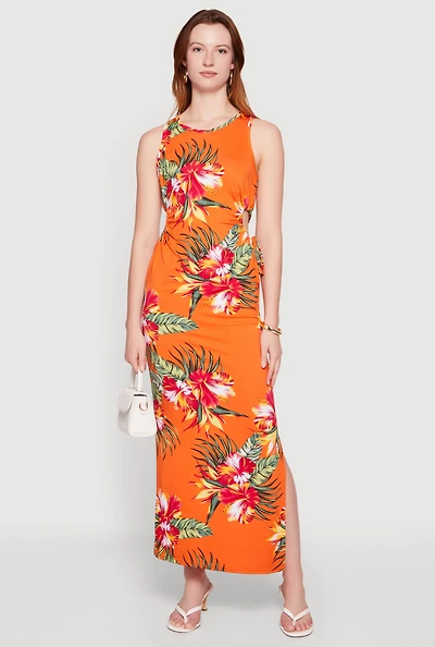 Floral Drawstring Side Detail Slit Maxi Dress