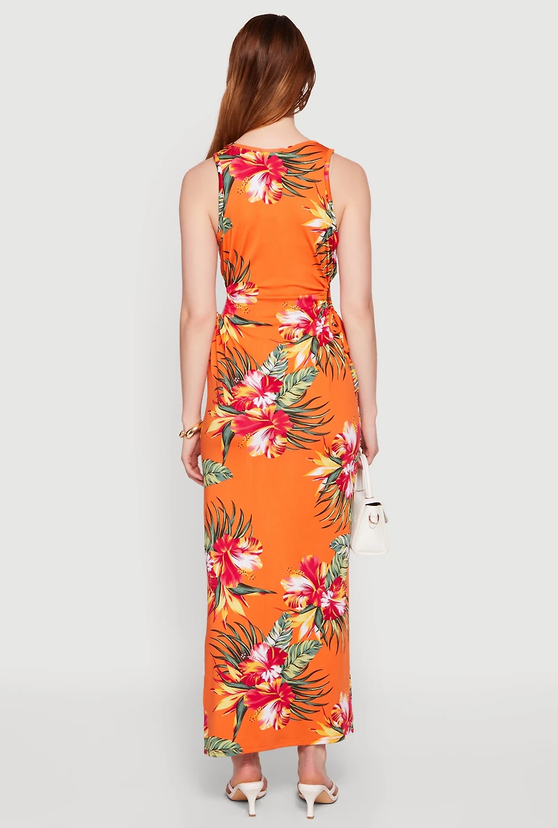 Floral Drawstring Side Detail Slit Maxi Dress
