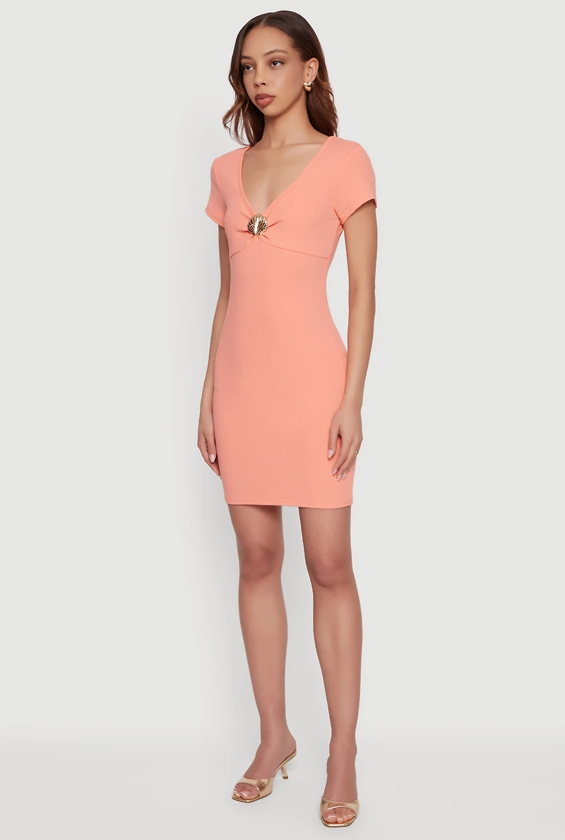 Short Sleeve Metallic Pendant Bodycon Mini Dress