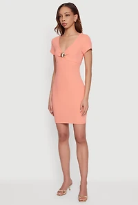 Short Sleeve Metallic Pendant Bodycon Mini Dress