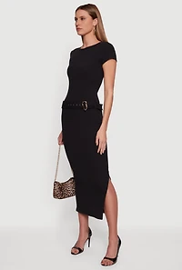 Rib Knit Belted Front Short Sleeve Maxi Dress