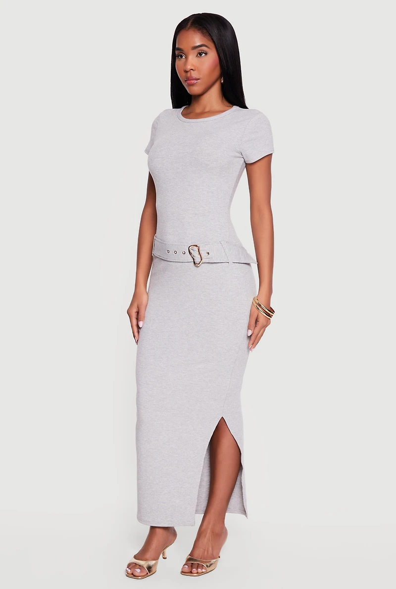 Rib Knit Belted Front Short Sleeve Maxi Dress