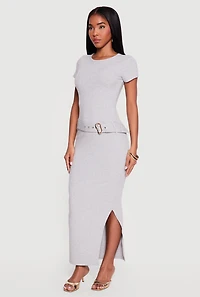 Rib Knit Belted Front Short Sleeve Maxi Dress