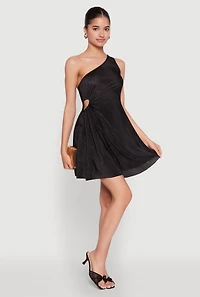 Womens Plisse One Shoulder Drawstring Keyhole Mini Dress,