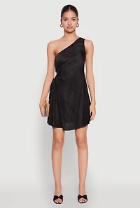 Womens Plisse One Shoulder Drawstring Keyhole Mini Dress,