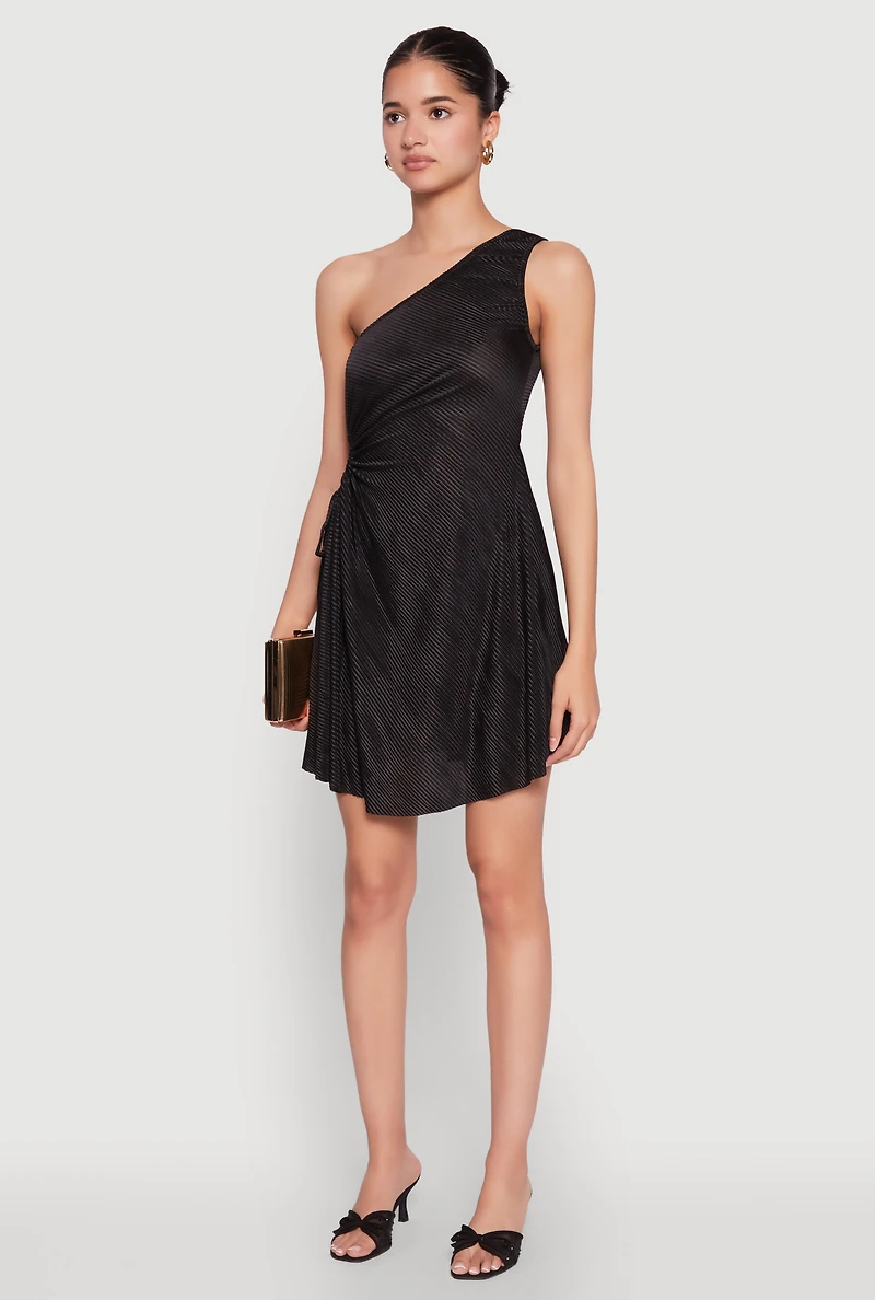 Womens Plisse One Shoulder Drawstring Keyhole Mini Dress,