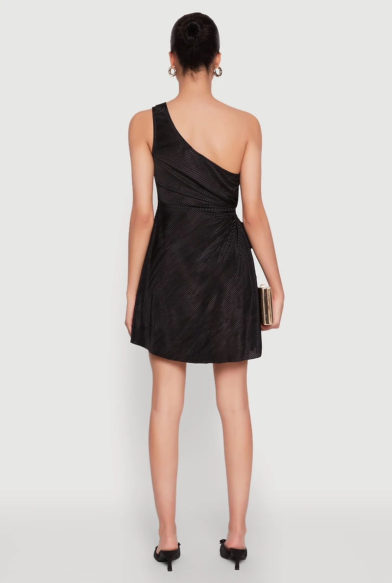 Womens Plisse One Shoulder Drawstring Keyhole Mini Dress,