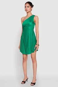 Womens Plisse One Shoulder Drawstring Keyhole Mini Dress, M