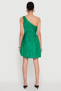 Womens Plisse One Shoulder Drawstring Keyhole Mini Dress, M