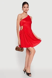Womens Plisse One Shoulder Drawstring Keyhole Mini Dress, Red, Size M