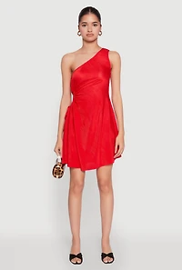 Womens Plisse One Shoulder Drawstring Keyhole Mini Dress, Red, Size XL