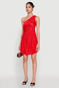Womens Plisse One Shoulder Drawstring Keyhole Mini Dress, Red, Size M