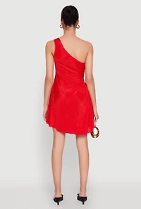 Womens Plisse One Shoulder Drawstring Keyhole Mini Dress, Red, Size M