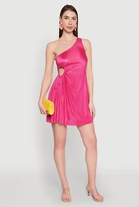 Womens Plisse One Shoulder Drawstring Keyhole Mini Dress, Pink, Size L