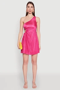 Womens Plisse One Shoulder Drawstring Keyhole Mini Dress, Pink, Size L