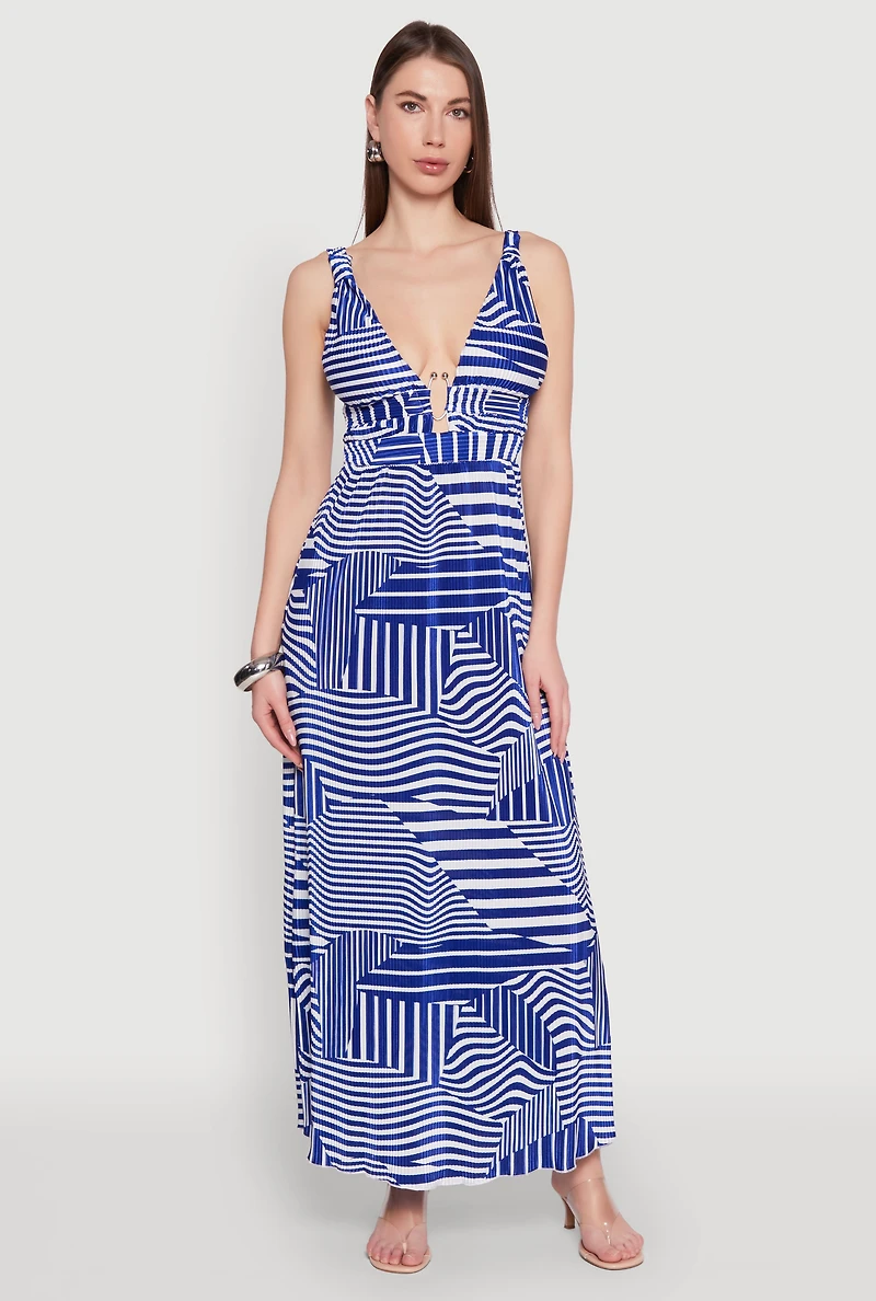 Womens Plisse Abstract Stripe Plunge Metallic Detail Maxi Dress, Blue, Size S