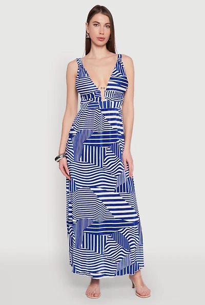 Womens Plisse Abstract Stripe Plunge Metallic Detail Maxi Dress, Blue, Size L