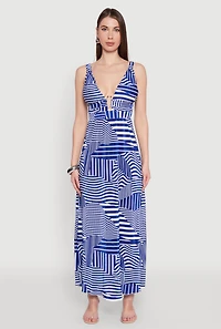 Womens Plisse Abstract Stripe Plunge Metallic Detail Maxi Dress, Blue, Size L