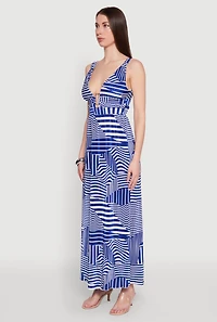 Womens Plisse Abstract Stripe Plunge Metallic Detail Maxi Dress, Blue, Size L