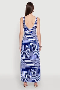 Womens Plisse Abstract Stripe Plunge Metallic Detail Maxi Dress, Blue, Size L