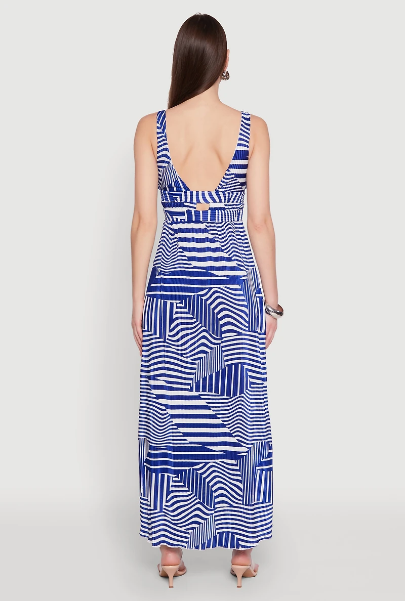 Plisse Abstract Stripe Plunge Metallic Detail Maxi Dress