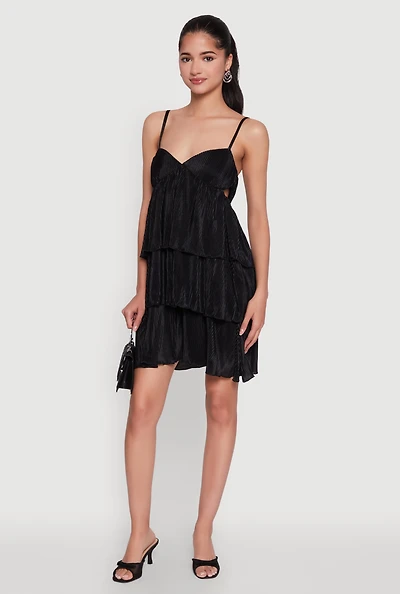 Womens Plisse Cut Out Tiered Ruffle Mini Dress, L