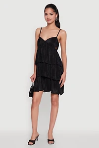 Womens Plisse Cut Out Tiered Ruffle Mini Dress, Black, Size S
