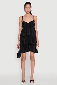 Womens Plisse Cut Out Tiered Ruffle Mini Dress, L