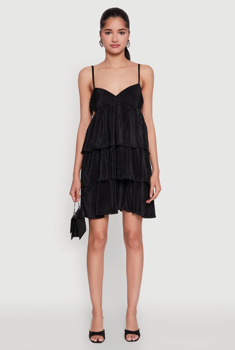 Womens Plisse Cut Out Tiered Ruffle Mini Dress, Black, Size S
