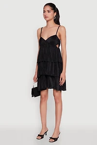 Womens Plisse Cut Out Tiered Ruffle Mini Dress, Black, Size S