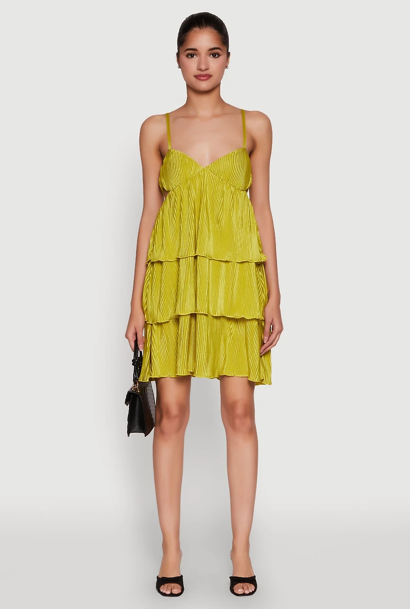 Womens Plisse Cut Out Tiered Ruffle Mini Dress, XL