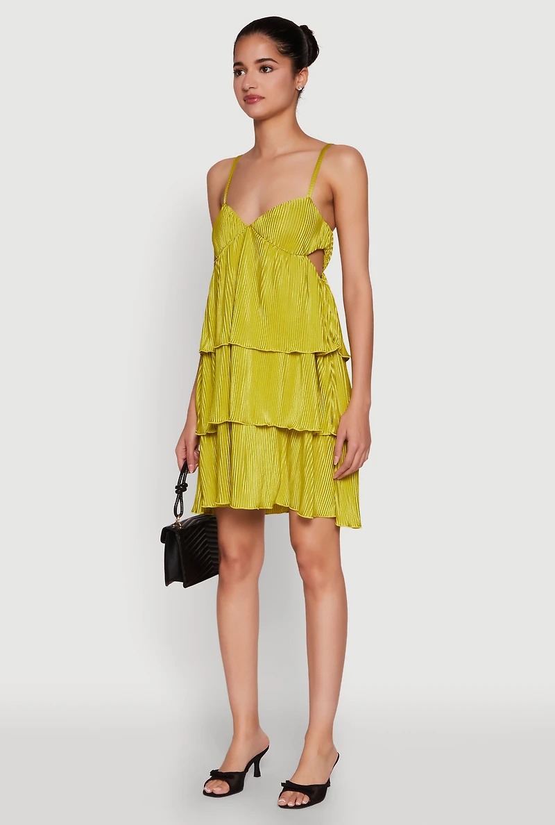 Womens Plisse Cut Out Tiered Ruffle Mini Dress, XL