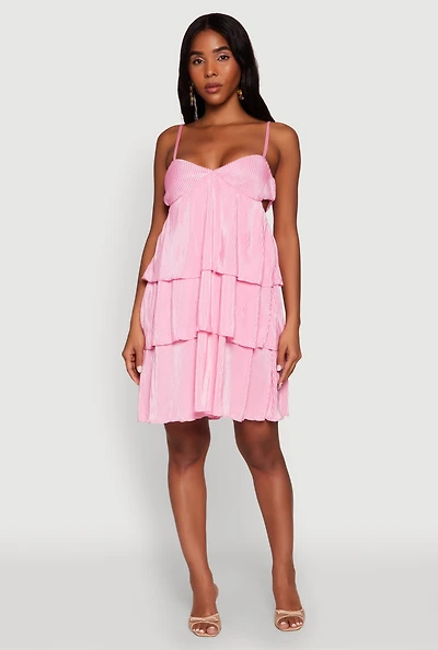 Womens Plisse Cut Out Tiered Ruffle Mini Dress, Pink, Size L