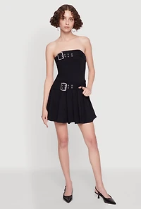 Womens Strapless Double Belted Pleated Skater Dress, Black, Size S