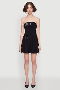 Womens Strapless Double Belted Pleated Skater Dress, Black, Size XL