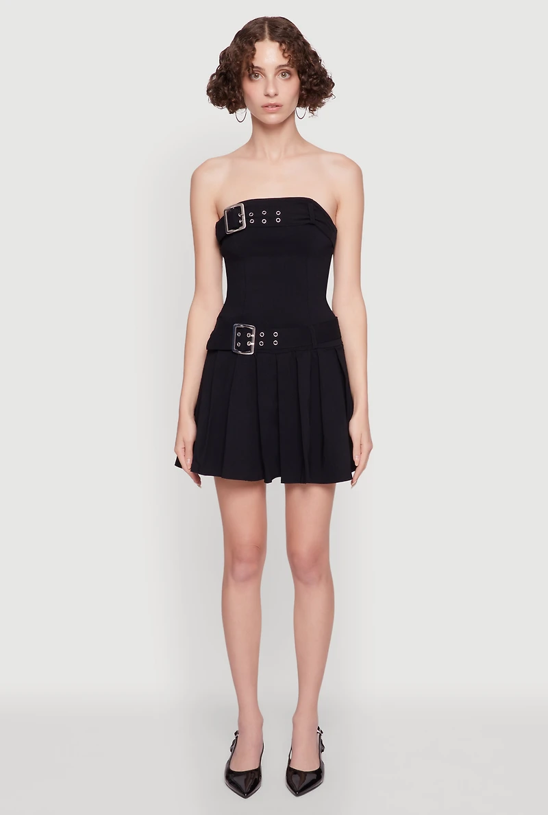 Womens Strapless Double Belted Pleated Skater Dress, Black, Size S