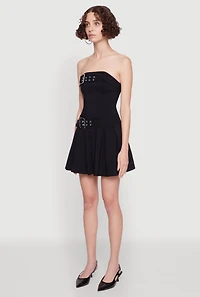 Womens Strapless Double Belted Pleated Skater Dress, Black, Size XL