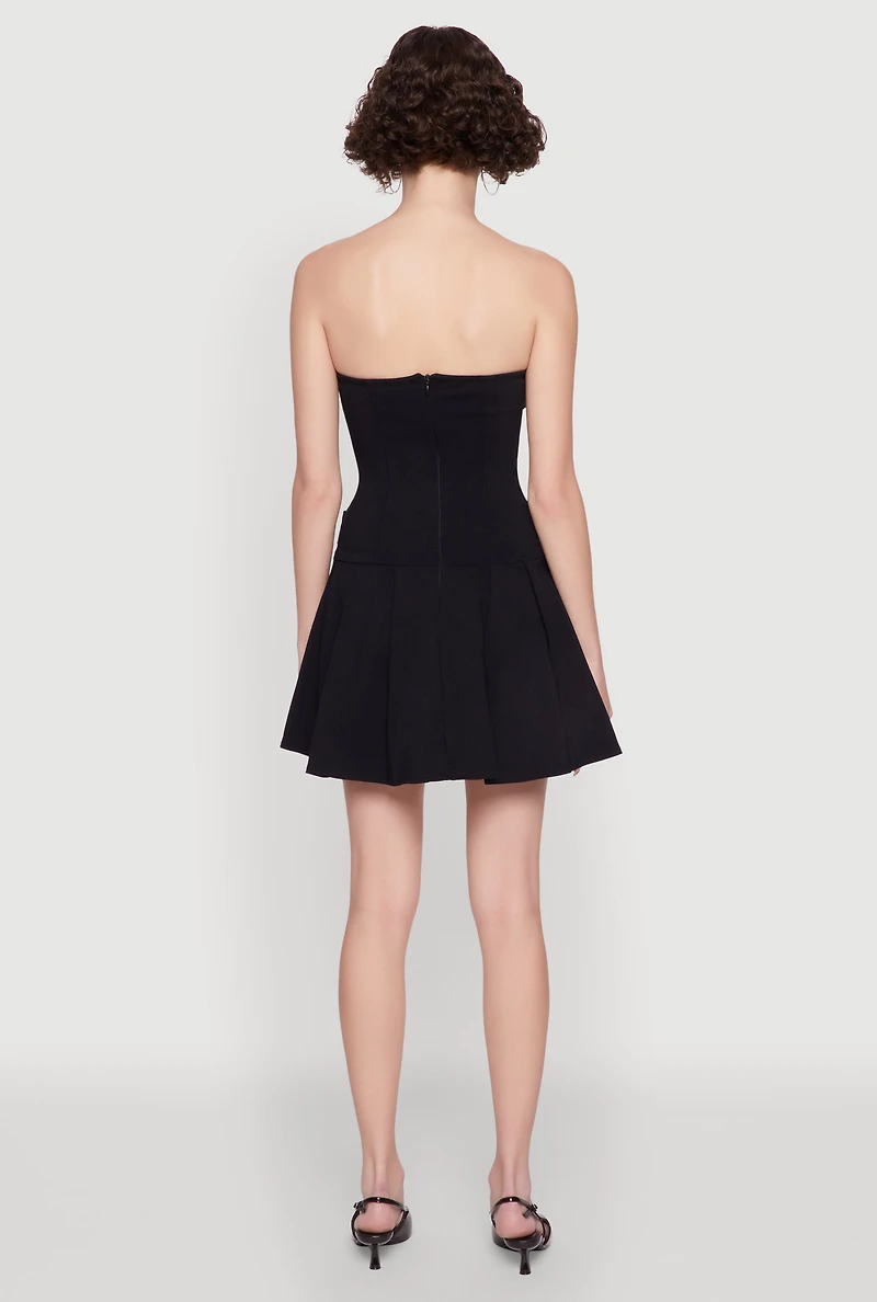 Womens Strapless Double Belted Pleated Skater Dress, Black, Size S