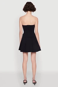 Womens Strapless Double Belted Pleated Skater Dress, Black, Size S