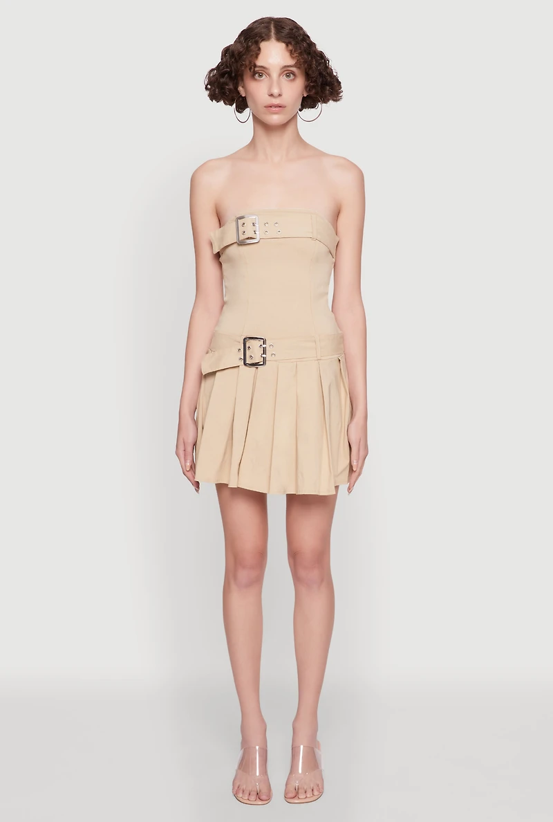Womens Strapless Double Belted Pleated Skater Dress, Beige,